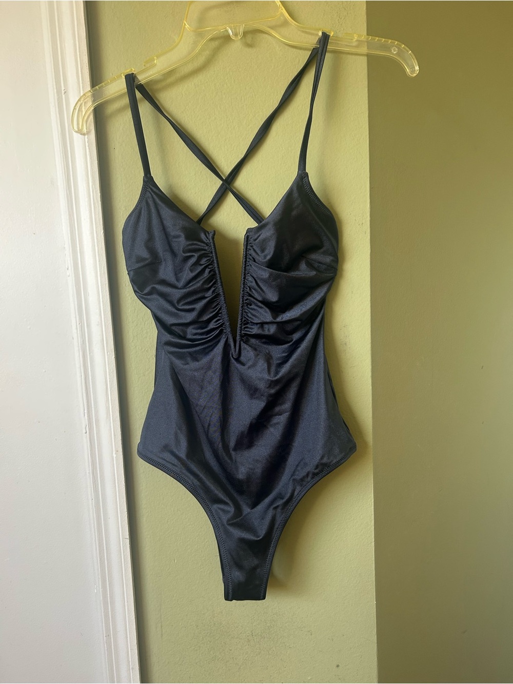 Shade & Shore Black/Gray One-Piece Swimsuit with Plunging V-Neck New